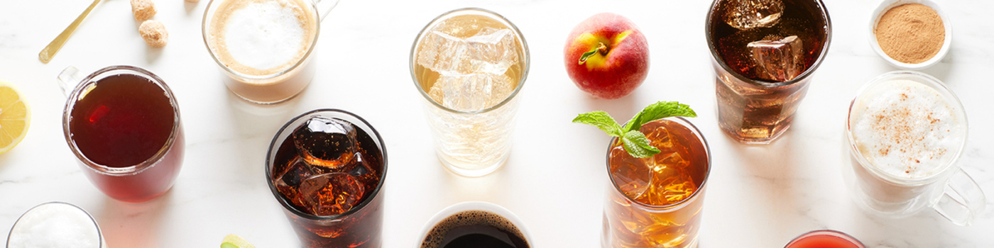 image of various iced drinks including tea, soda, water, and more
