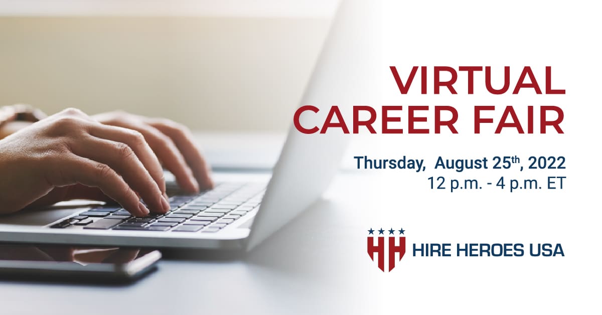 graphic about hire heroes virtual career fair with image of hands typing on a laptop