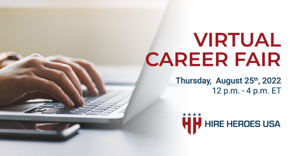 graphic about hire heroes virtual career fair with image of hands typing on a laptop